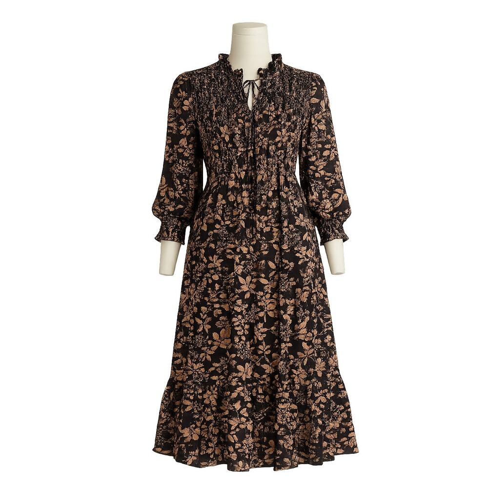 Calvin Klein Floral Smocked Midi Dress - Black/Brown - Petite 10P - Boho